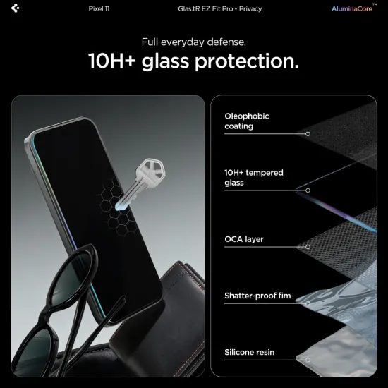 Google Pixel 10 / 11 privātuma aizsargstikls – Spigen Glass.TR EZFit Privacy 2 gab. ar uzstādīšanas rāmi