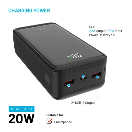 FIXED Zen2 30 powerbank LCD kijelzővel, 30 000 mAh, PD 20W, fekete