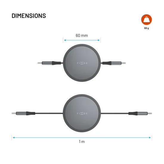 Feltekerhető kábel FIXED Retractable Cable USB-C - USB-C, PD 100W, 480Mbps, 1m, szürke