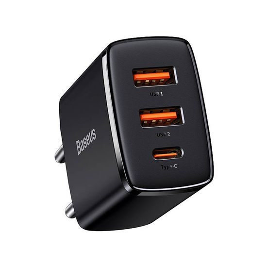 Baseus kompakt gyorstöltő, 2x USB, USB-C, PD, 3A, 30W, fekete