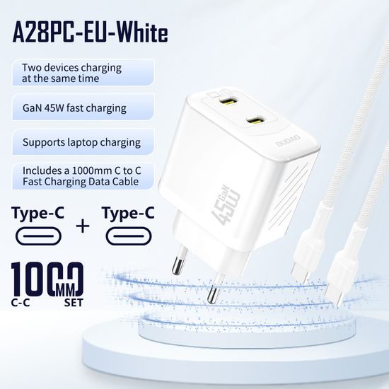 Dudao A28PCEU nabíječka 2x USB-C + kabel USB-C - USB-C, PD 45W GaN, bílá