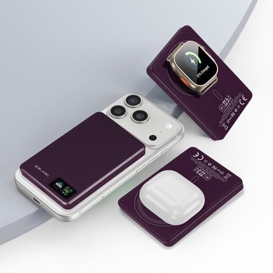 Blavec BJ-03 Slim MagSafe Powerbank 10.000 mAh - 22,5W - 3-in-1 Draadloos Opladen - USB-C - Wijnrood