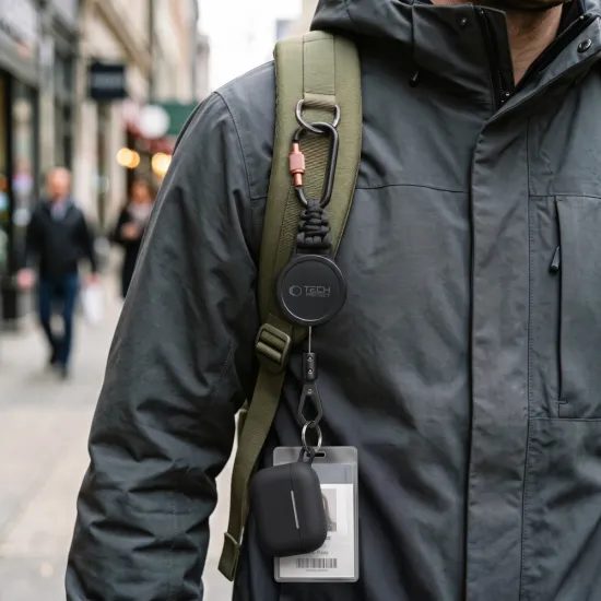 Tech-Protect ATH04 UrbanLoop Sicherheitshalter gegen Diebstahl mit einziehbarem Stahlkabel und Karabiner - Schwarz-Orange