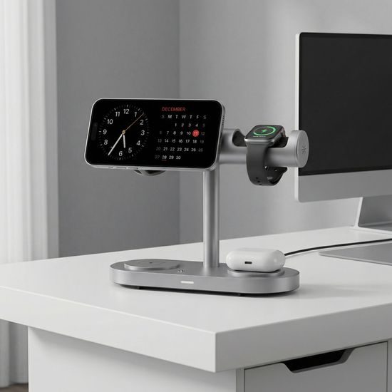 Qi2.2 MagSafe Nabíjecí stanice 5v1 s aktivním chlazením, 25 W a 360° rotací pro iPhone, Apple Watch, AirPods, Android, stříbrná