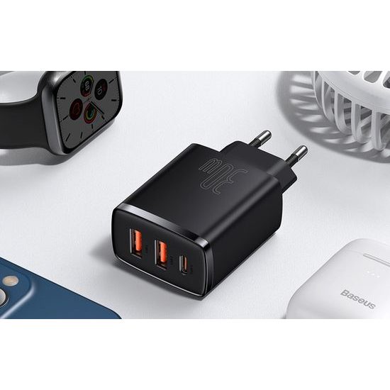 Baseus Încărcător rapid compact, 2x USB, USB-C, PD, 3A, 30W, negru