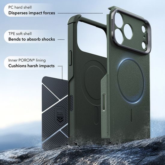 iPhone 17 Pro / 18 Pro vāciņš – ESR Cyber Armor Kickstand ar statīvu – zaļš