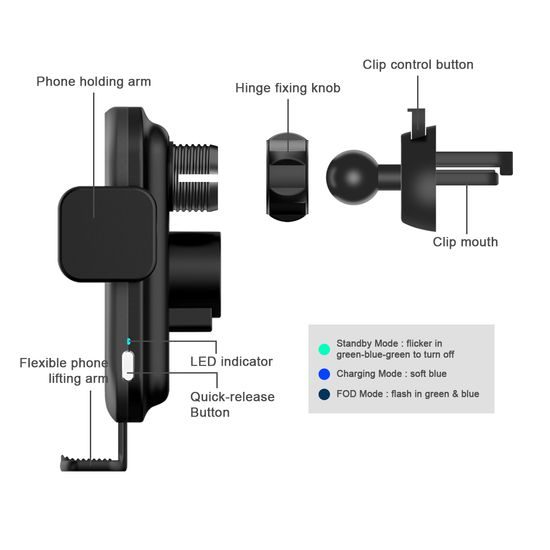 Βάση τηλεφώνου αυτοκινήτου για ταμπλό και αεραγωγό με ασύρματη φόρτιση, 15W, Qi, C15