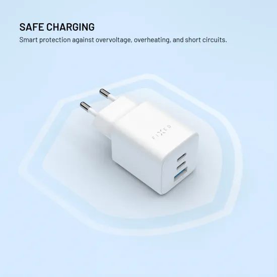 FIXED Mini GaN hálózati töltő, 2x USB-C + USB, PD 65W, fehér