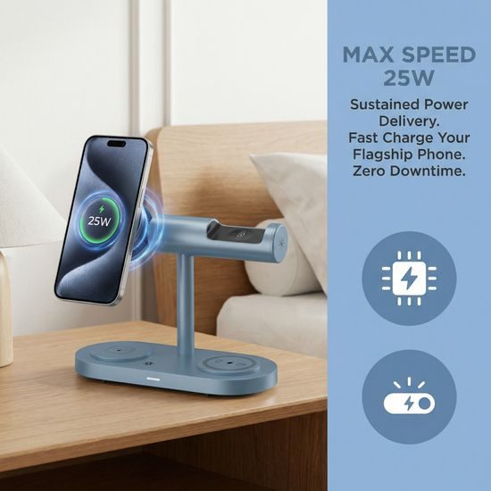 Qi2.2 MagSafe Nabíjecí stanice 5v1 s aktivním chlazením, 25 W a 360° rotací pro iPhone, Apple Watch, AirPods, Android, modrá