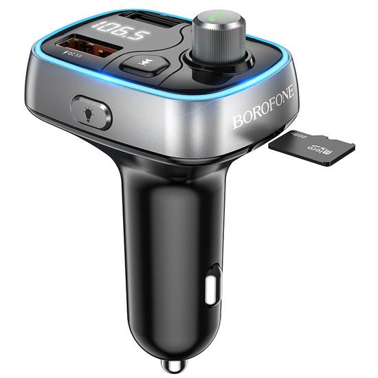 Borofone BC32 FM oddajnik MP3 s sončno svetlobo, Bluetooth, 2x USB + microSD, QC 3.0, 18W, 2,4A, črna