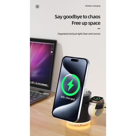 4σε1 Έξυπνος Ασύρματος Φορτιστής με LED Φωτισμό, Qi, Μαύρο