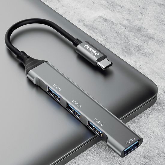 Dudao HUB A16T, 4v1, USB-C - 4x USB-A (3x USB2.0 / USB3.0), 6,3 cm, čierny