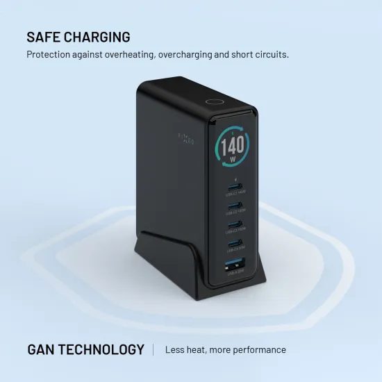 FIXED GaN dokkoló töltőállomás kijelzővel, 4x USB-C + USB, PD 3.2, 140W, fekete