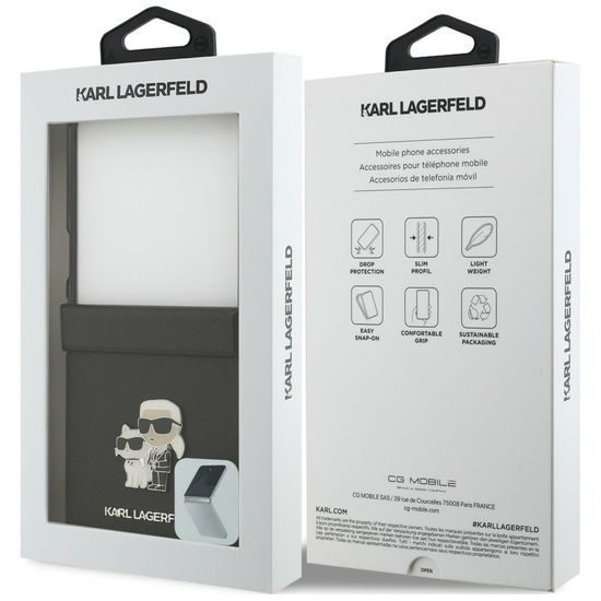 Samsung Galaxy Z Flip 8 vāciņš – Karl Lagerfeld Saffiano Karl&Choupette Metal Pin aizsargvāciņš – melns