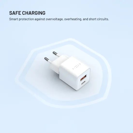 Hálózati töltő FIXED Mini GaN, USB-C + USB, PD 30W, fehér