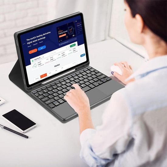 JP Magnetische Schutzhülle mit Bluetooth-Tastatur, Touchpad, Beleuchtung und Stylus-Halter für Samsung Galaxy Tab S8 Ultra / S9 Ultra / S10 Ultra - Schwarz