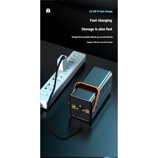 Powerbank 120.000 mAh, 22.5W PD, 4 USB + 2 καλώδια, LED φώτα, μαύρο