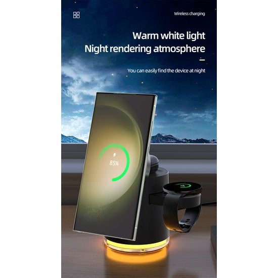 4σε1 Έξυπνος Ασύρματος Φορτιστής με LED Φωτισμό, Qi, Μαύρο