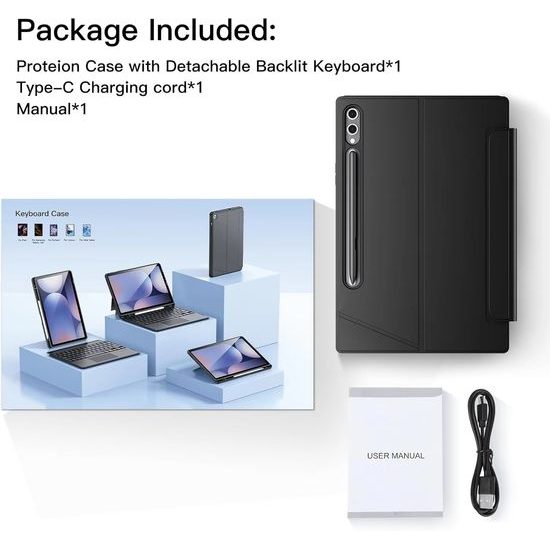 JP Μαγνητική θήκη με αποσπώμενο πληκτρολόγιο Bluetooth, touchpad, φωτισμό, περιστρεφόμενη βάση και θήκη για stylus, Samsung Galaxy Tab S8 Ultra / S9 Ultra / S10 Ultra, μαύρη