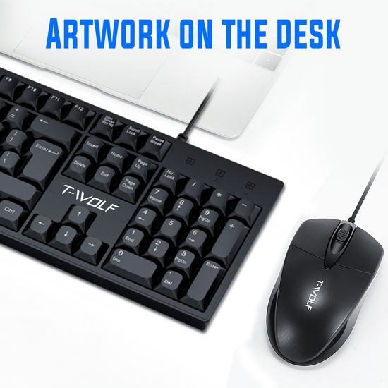 T-WOLF T15 Tastatur - Kabelgebundene Full-Size Tastatur - Leise - USB - EN/US Layout - Schwarz