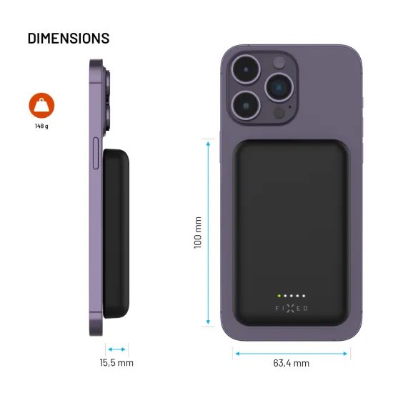 FIXED MagZen (2. generáció) powerbank vezeték nélküli töltéssel és MagSafe támogatással, 10 000 mAh, fekete