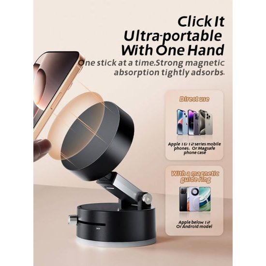 Μαγνητική βάση κινητού 360° με βεντούζα για αυτοκίνητο, μεταλλικός βραχίονας, μαύρη, C47