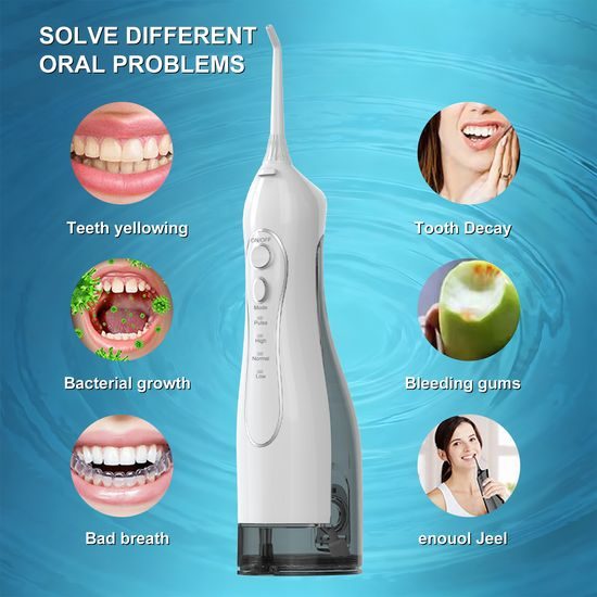 Bezprzewodowy irygator dentystyczny z zestawem końcówek, 4 tryby, zbiornik 300 ml, USB-C, biały