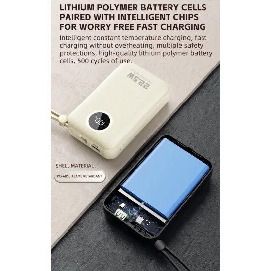 Dudao K14+ powerbanka ar iebūvētiem kabeļiem 20000mAh 22.5W – balta