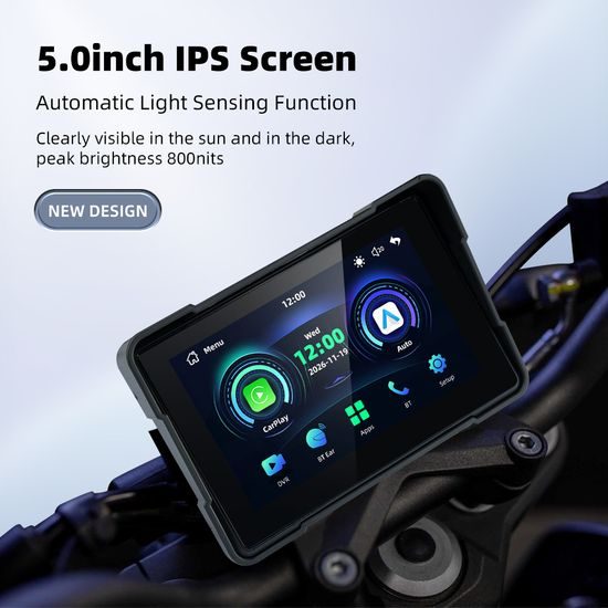 5" Motorfiets Display met Draadloze Apple CarPlay, Android Auto + DVR Camera's