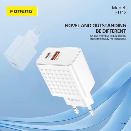 Foneng EU42 GaN omrežni polnilnik, USB + USB-C, PD 20W, 3A, bel