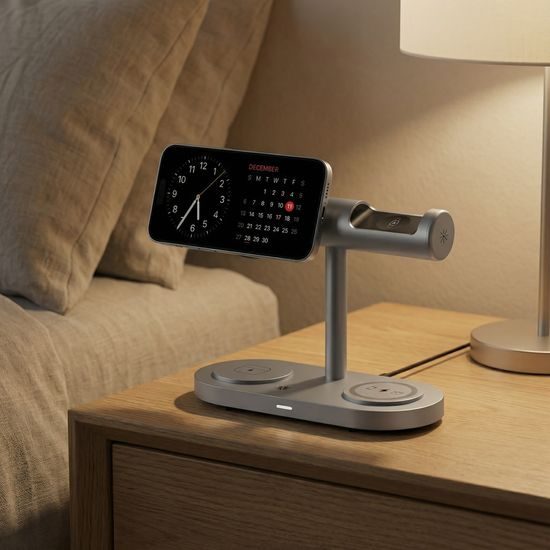 Qi2.2 MagSafe Nabíjecí stanice 5v1 s aktivním chlazením, 25 W a 360° rotací pro iPhone, Apple Watch, AirPods, Android, stříbrná