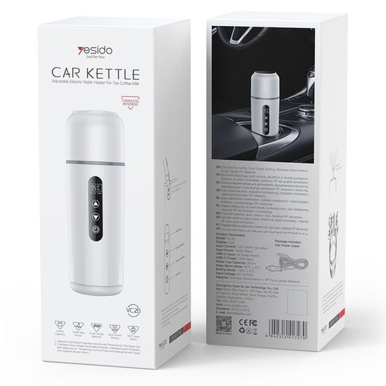 Yesido Fierbător electric auto 500 ml, 100 W, display LED, 12–24 V, alb