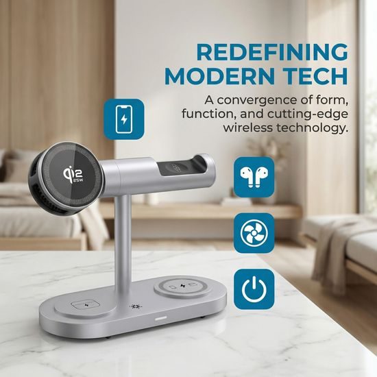 Qi2.2 MagSafe Nabíjecí stanice 5v1 s aktivním chlazením, 25 W a 360° rotací pro iPhone, Apple Watch, AirPods, Android, stříbrná