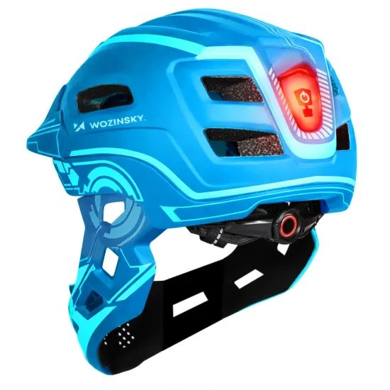 Wozinsky Kinder Fahrradhelm mit USB Rücklicht - Vollgesichtsschutz - Größe S (52-56 cm) - Blau