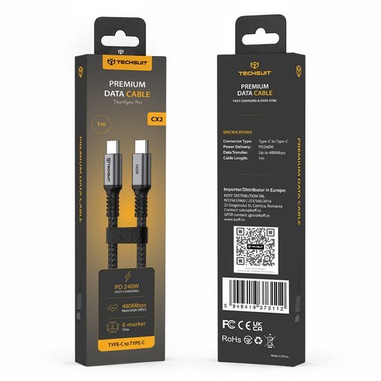 Techsuit Premium datu kabelis TitanSync Pro (CX2) USB-C uz USB-C, PD 240 W, 1 m – pelēks (2)