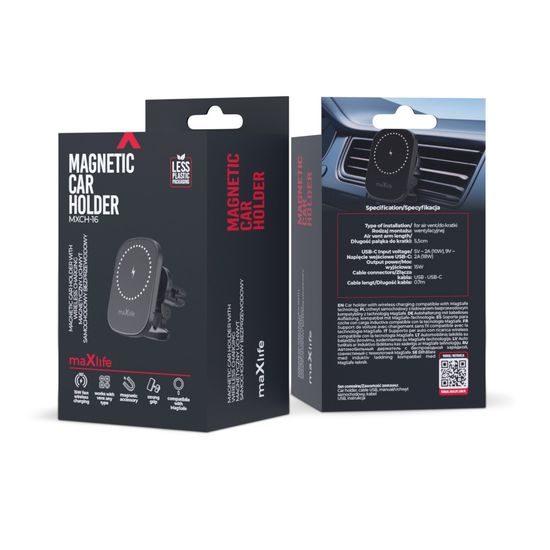 Maxlife MXCH-16 magnetni nosilec avtomobilske rešetke z brezžičnim polnjenjem 15 W, črn