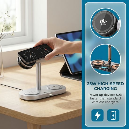 Qi2.2 MagSafe Nabíjecí stanice 5v1 s aktivním chlazením, 25 W a 360° rotací pro iPhone, Apple Watch, AirPods, Android, stříbrná