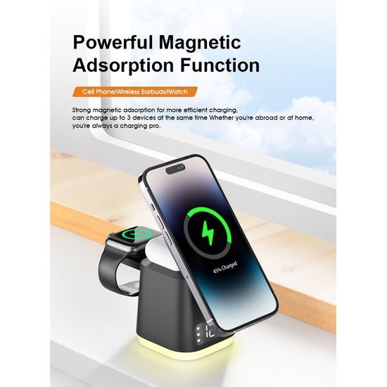 MagDock 6 Pro 6σε1 ασύρματος σταθμός φόρτισης με ρολόι και φωτισμό νυκτός για iOS και Android, μαύρο
