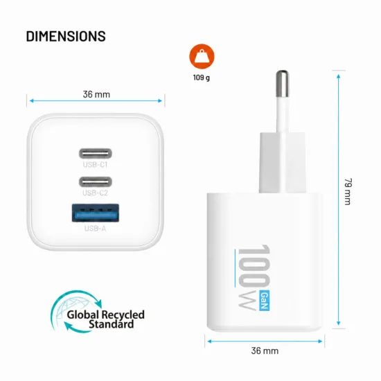 FIXED Mini GaN hálózati töltő, 2x USB-C + USB, PD 100W, fehér