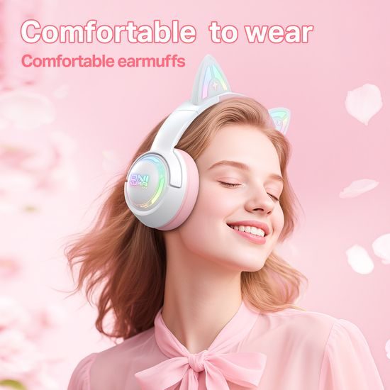 Onikuma GT838 Kabellose Gaming Kopfhörer mit RGB LED Beleuchtung und Katzenohren - Rosa