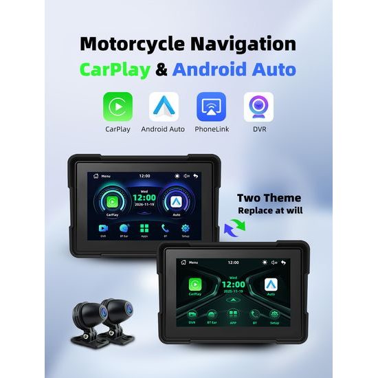 5" Motorfiets Display met Draadloze Apple CarPlay, Android Auto + DVR Camera's