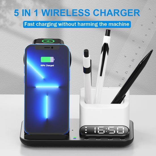 DeskCharge Station Pro Πολυλειτουργικός σταθμός ασύρματης φόρτισης 5 σε 1 με ρολόι και οργανωτή, μαύρο