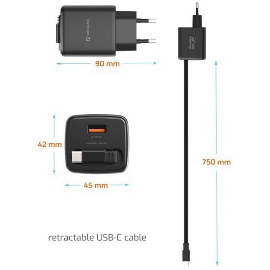 Swissten SlideCharge adapter s izvlačivim USB-C kabelom GaN 45W, 1x USB-A 18W, crni