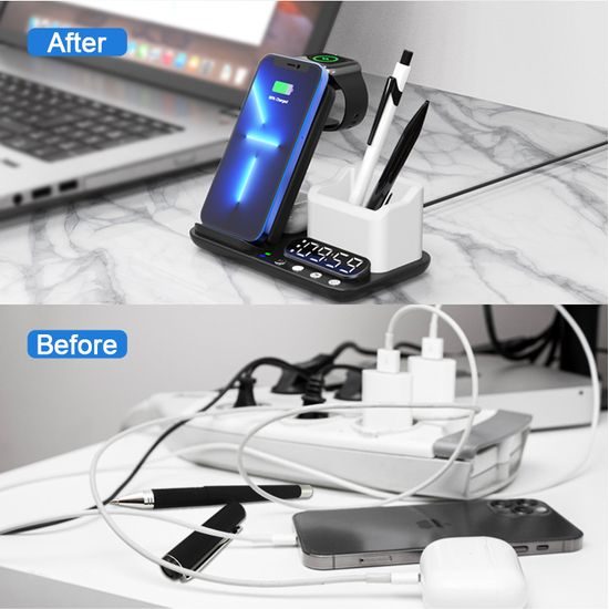 DeskCharge Station Pro Πολυλειτουργικός σταθμός ασύρματης φόρτισης 5 σε 1 με ρολόι και οργανωτή, μαύρο