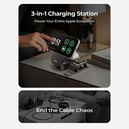 Lisen W121 3in1 Wireless Ladestation für iPhone, Apple Watch & AirPods - 45W, MagSafe 25W, Qi2.2 - Schwarz