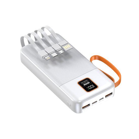 Powerbank 20000mAh με 4 ενσωματωμένα καλώδια, 2x USB-A, 1x USB-C, PD 22,5W, QC 3.0, LED οθόνη, λευκό