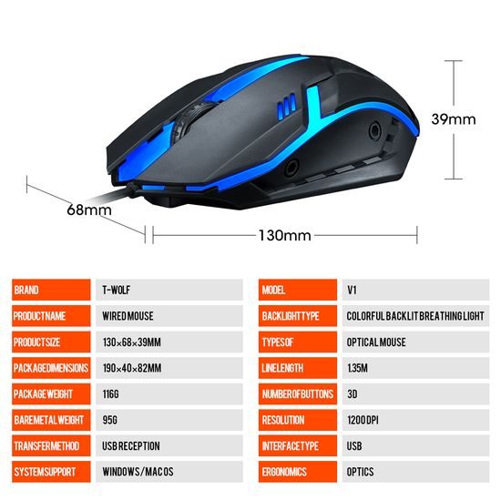 T-WOLF V1 gamer RGB egér, 1200 DPI, ergonomikus, háttérvilágítással (USB)