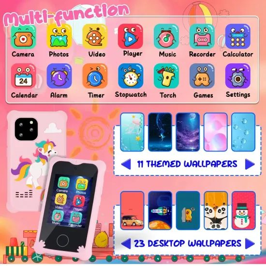 Chytrý telefon pro děti s hrami, MP3, duálním fotoaparátem a dotykovým displejem, růžový unicorn