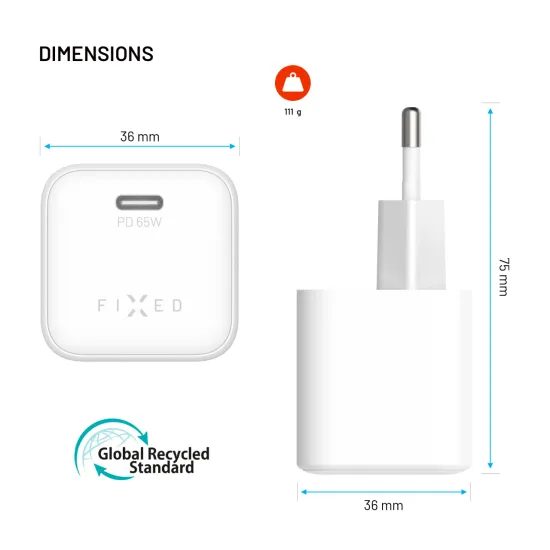 FIXED Mini GaN hálózati töltő, USB-C, PD 65W, fehér