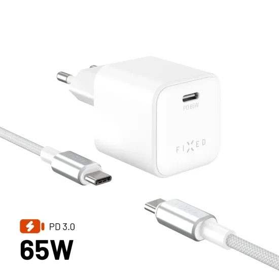 FIXED Mini GaN hálózati töltő, USB-C, PD 65W USB-C - USB-C kábellel, 2 m, fehér